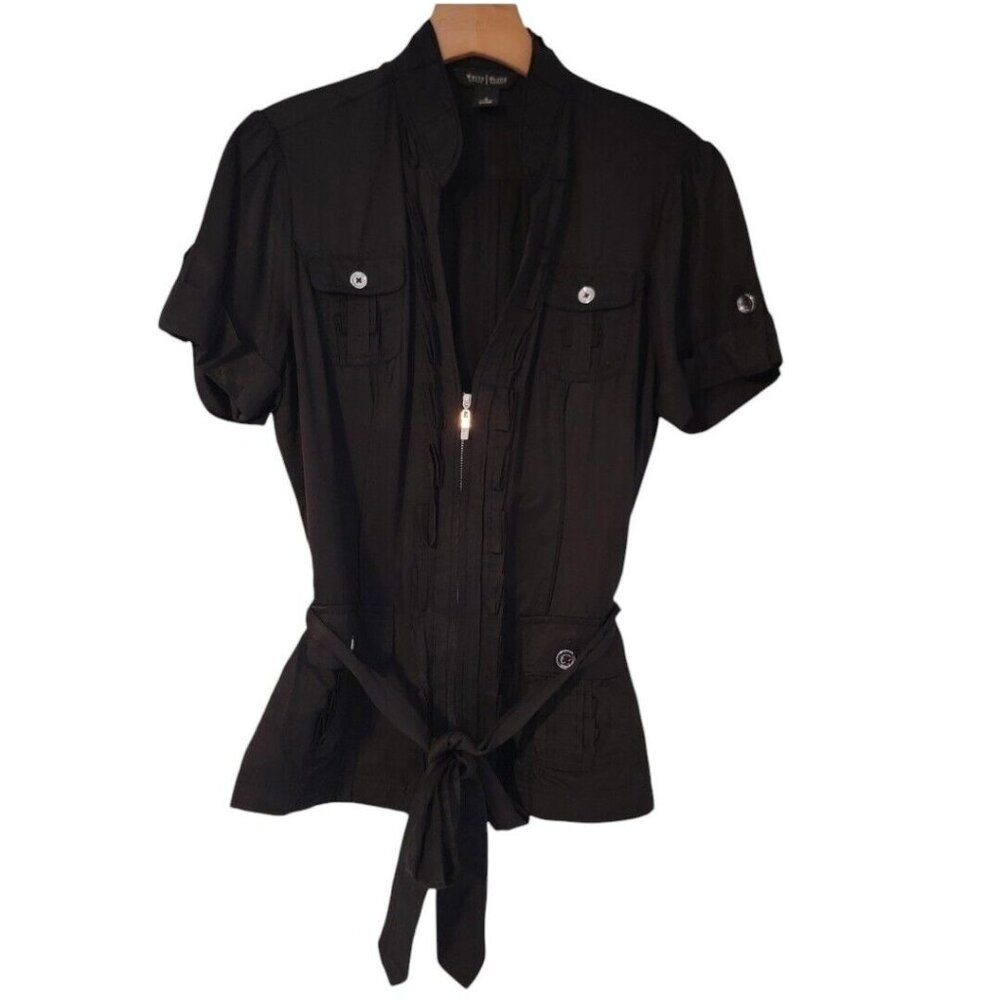 White House Black Market Linen Rayon Roll Tab Short Sleeve Zip Jacket Size 6 EUC